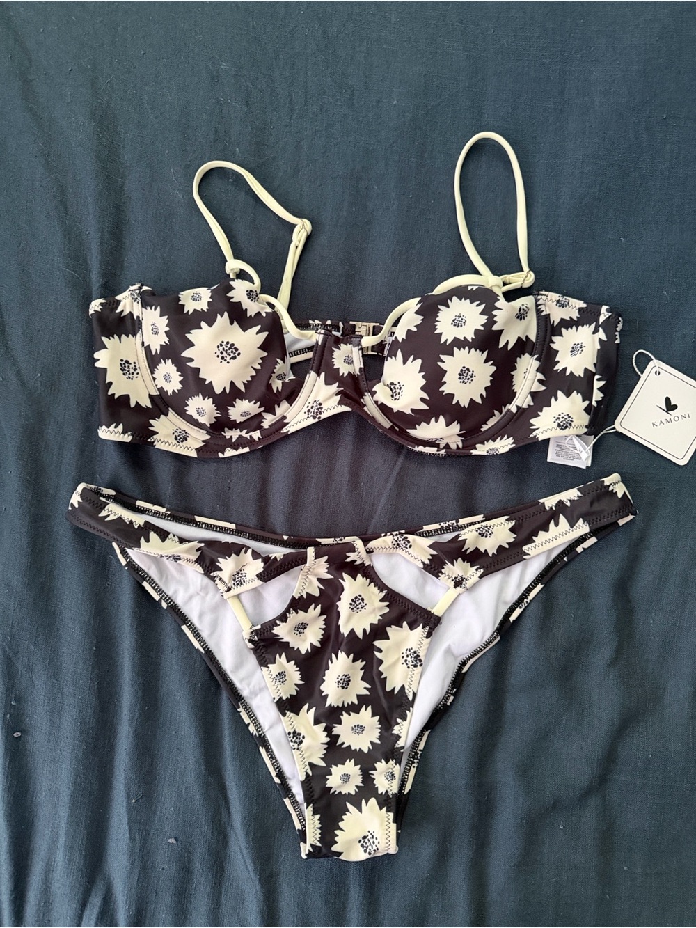 NWT Kamoni Black & Cream Floral Underwire Bikini Set XL